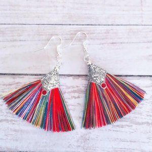 Bohemian Capped Glistening 925 Sterling Silver Rainbow Tassel Fan Earrings